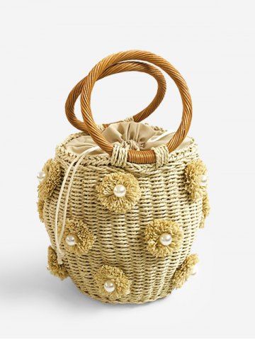 Floral Applique Faux Pearls Straw Bucket Bag - WHITE