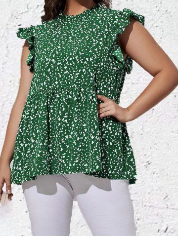 Plus Size Spots Print Ruffles Babydoll Blouse - GREEN - 3XL