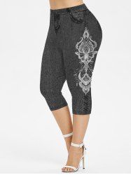 Plus Size 3D Lace-up Jeans Printed Capri Jeggings -  
