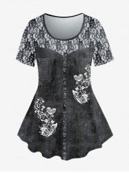 Plus Size 3D Jeans Lace Butterfly Printed Short Sleeves Tee -  