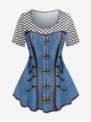 Plus Size 3D Checkered Jeans And Figure Print Short Sleeve Tee -  