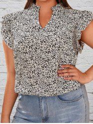 Plus Size Ditsy Print Ruffles Casual Blouse -  