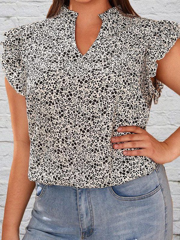 Fashion Plus Size Ditsy Print Ruffles Casual Blouse  