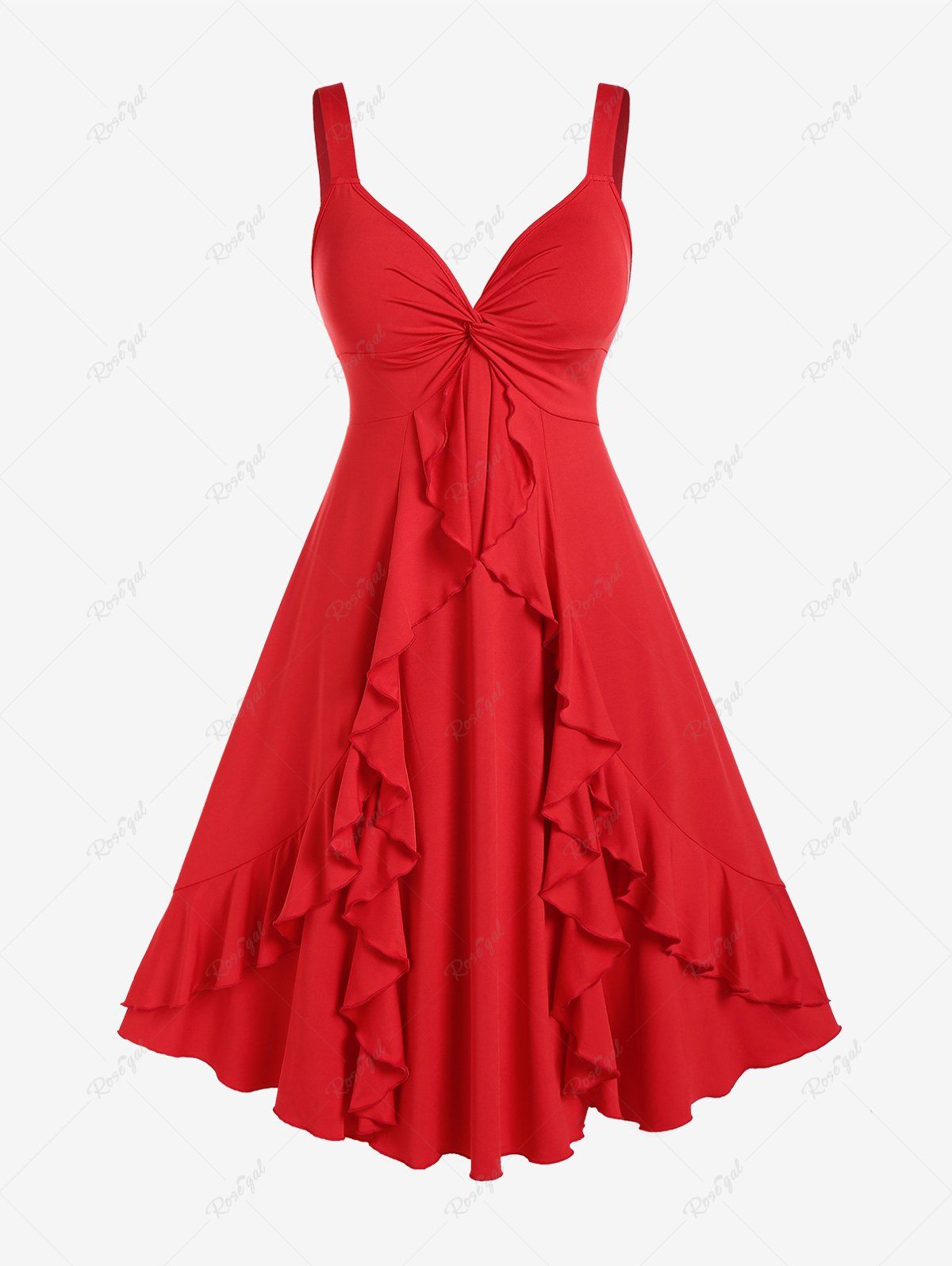 Hot Plus Size Valentines Flounce Twist Solid Sleeveless A Line Party Midi Dress  
