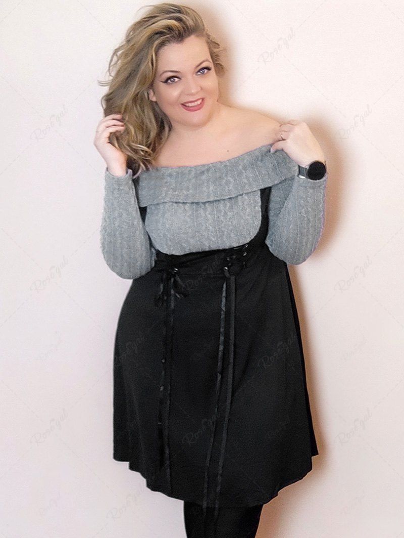 Fashion Plus Size Lace Up Cable Knit Panel Off The Shoulder Dress  