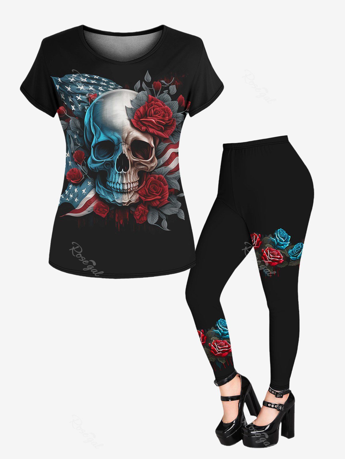 Legging Gothique 3D Drapeau Américain Rose et Crâne Imprimés Noir 