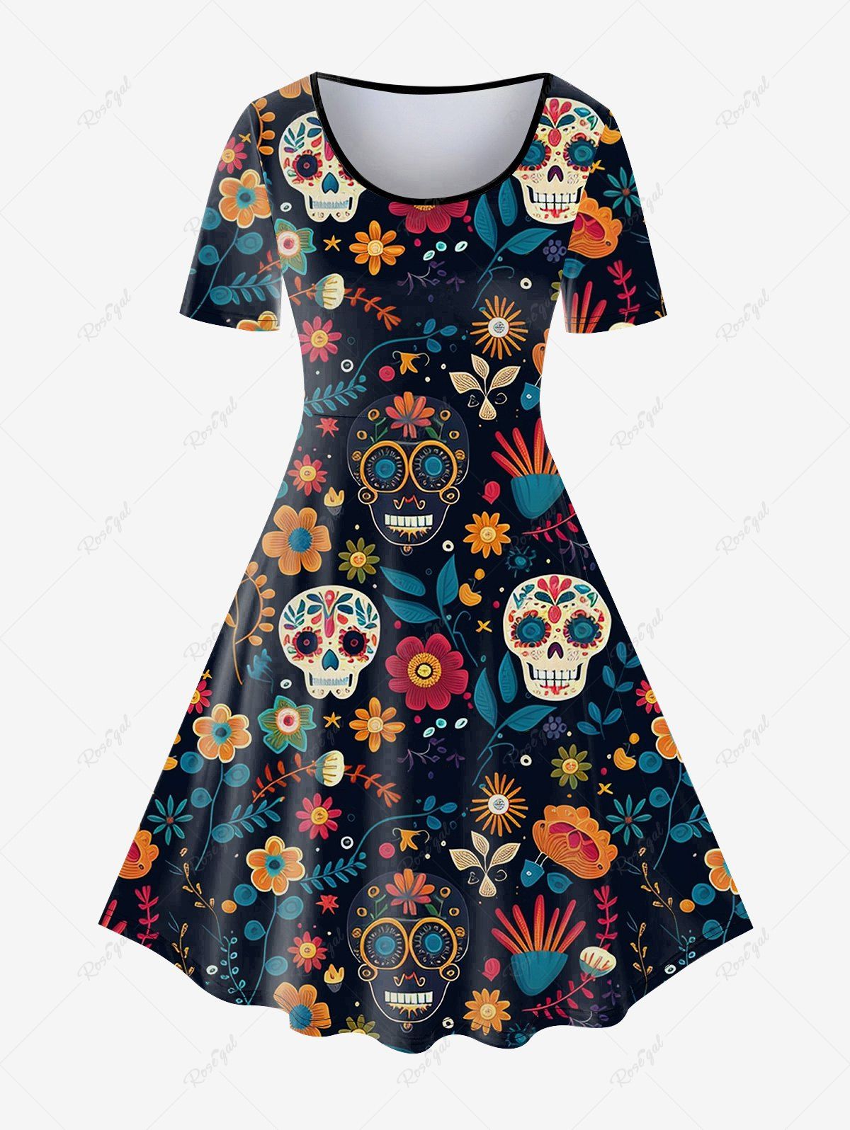 New Gothic Skull Allover Print A Line Tee Dress  