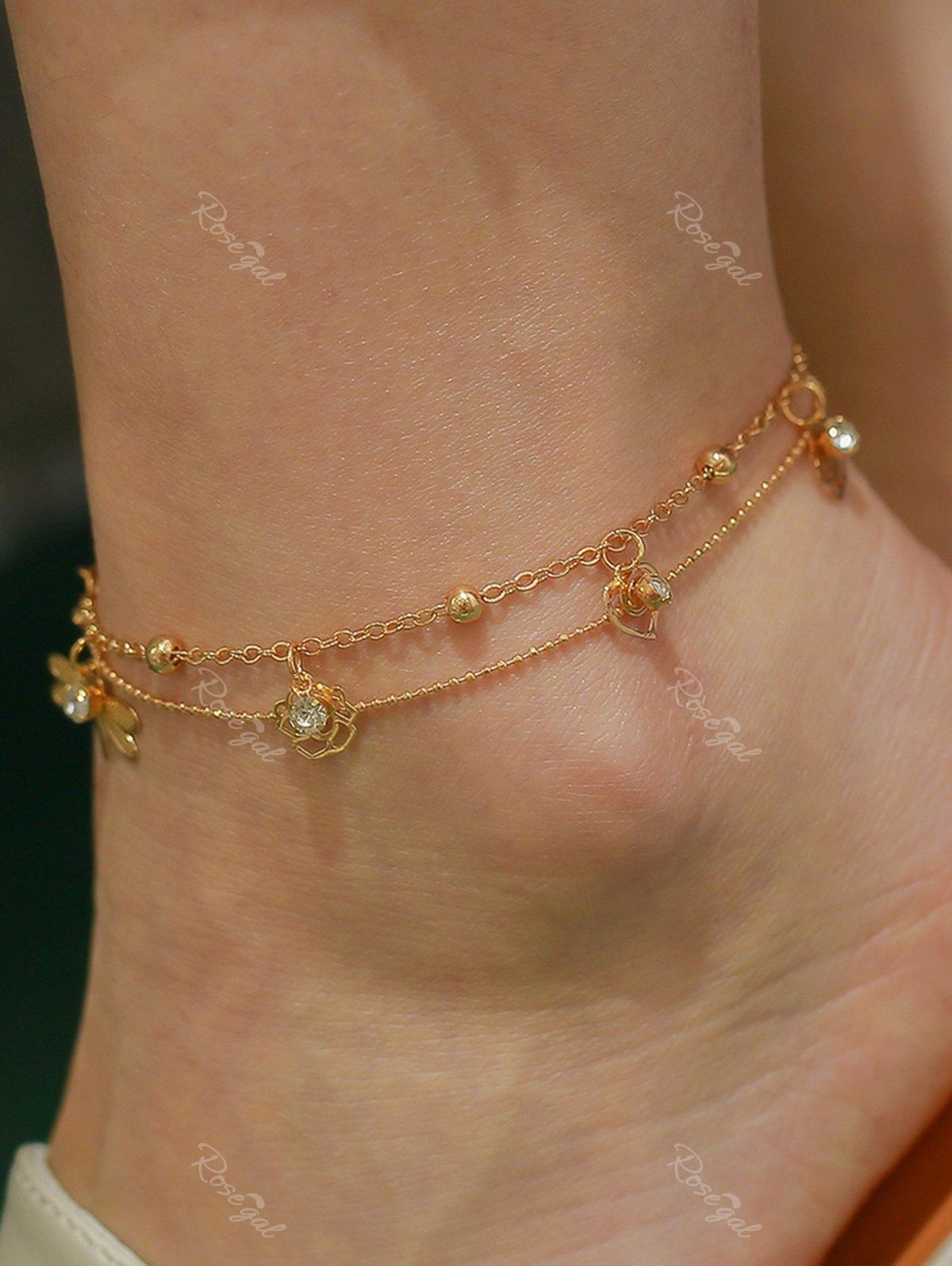 New Beach Rose Dragonfly Charm Layered Anklet  