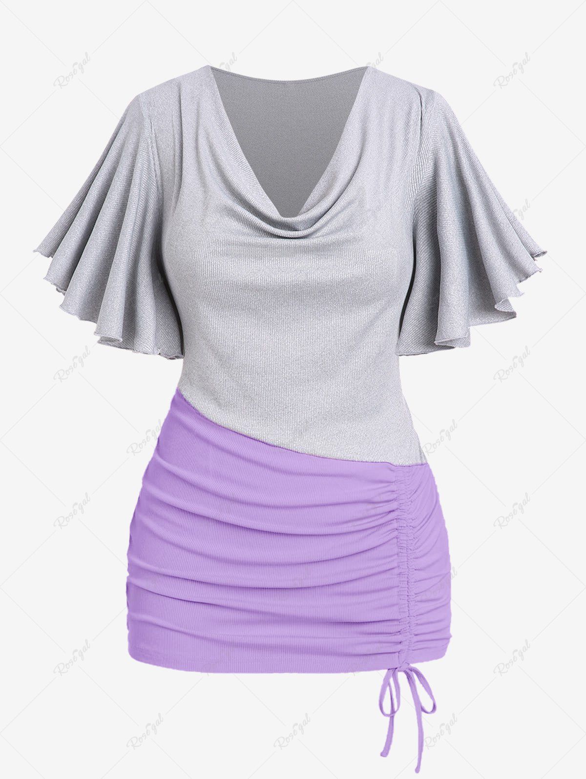 Fancy Plus Size Butterfly Sleeves Cinched Ribbed Two Tone Tee  