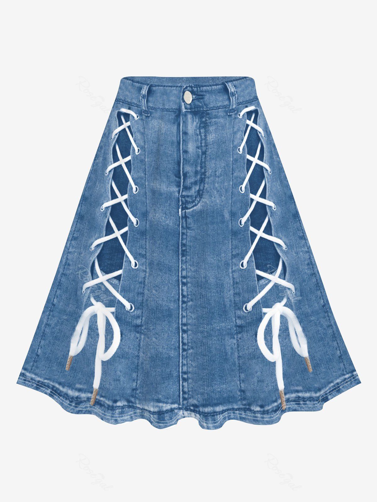Chic Plus Size 3D Jeans Lace Up Printed Skirt  