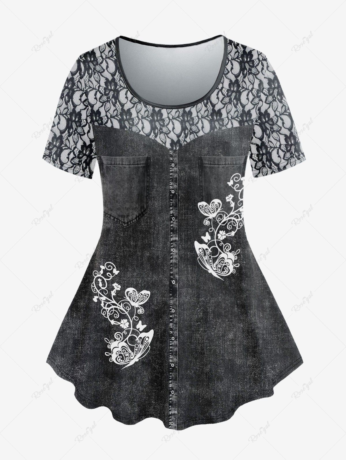 Chic Plus Size 3D Jeans Lace Butterfly Printed Short Sleeves Tee  