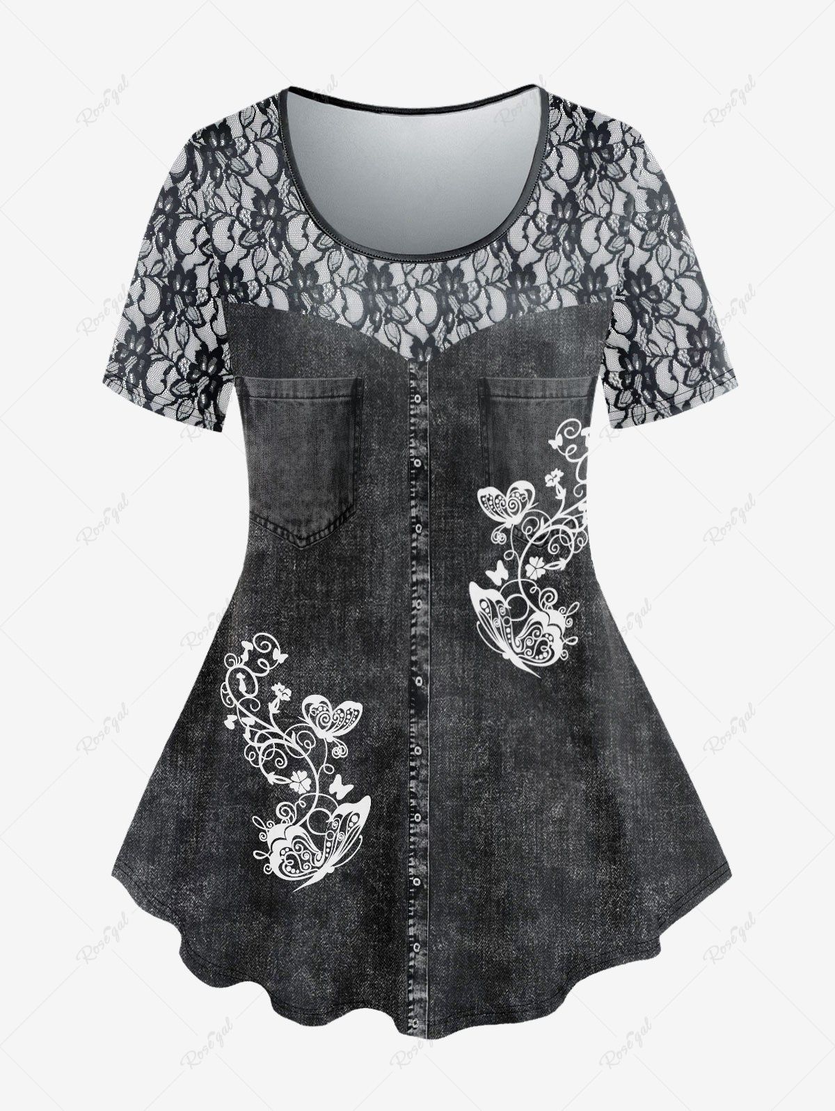 Best Plus Size 3D Jeans Lace Butterfly Printed Short Sleeves Tee  