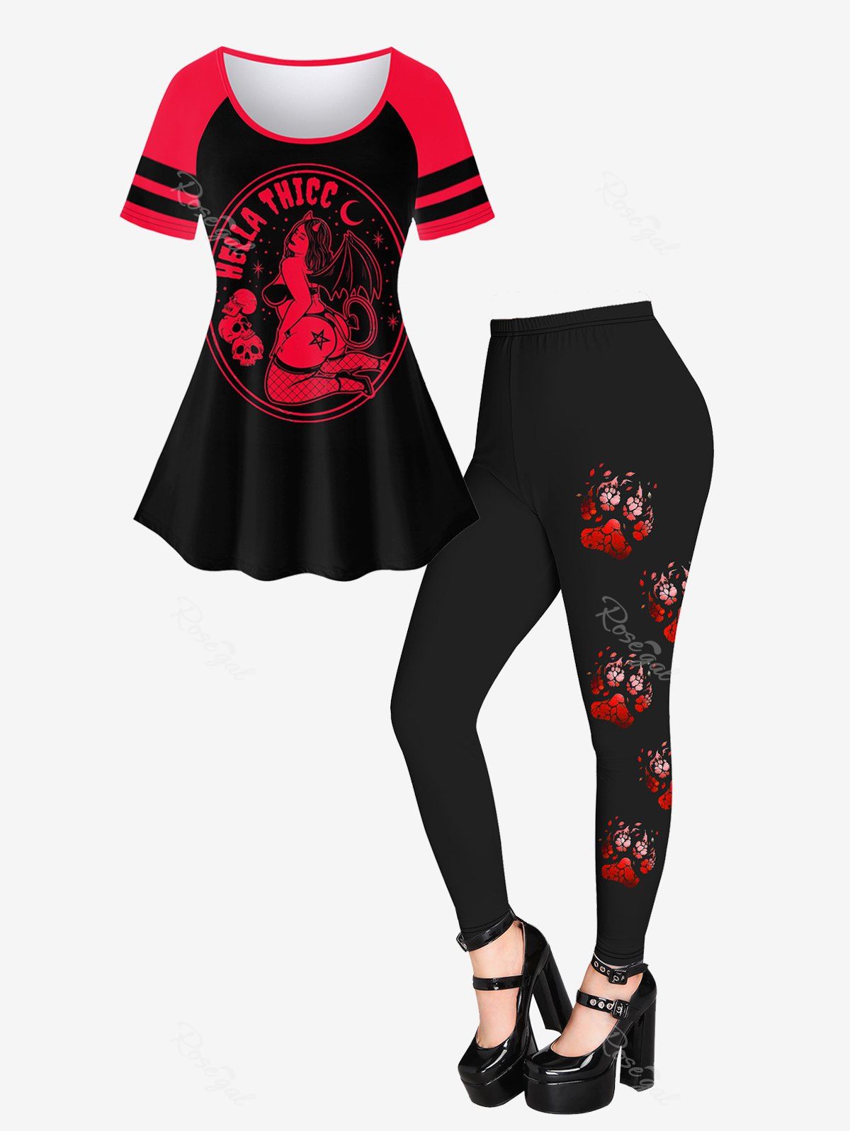 Unique Gothic Raglan Sleeves Skulls Beauty Letters Printed Graphic Tee And Gothic Cat Paws Print Skinny Leggings Gothic Outfit  