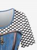 Plus Size 3D Checkered Jeans And Figure Print Short Sleeve Tee -  