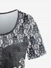 T-shirt 3D Papillon en Dentelle en Jean Imprimé de Grande Taille à Manches Courtes - Noir 4X | US 26-28