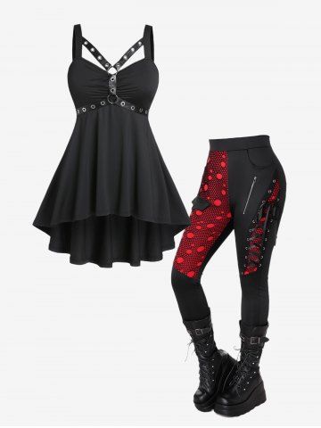 Gothic Harness High Low Tank Top and Mesh Overlay Lace-up Zippered Skinny Pants Outfit