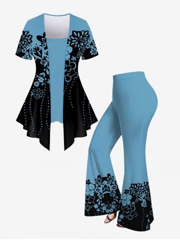 Floral Print 2 In 1 Top and Bell Bottom Pants Plus Size Matching Set - BLUE