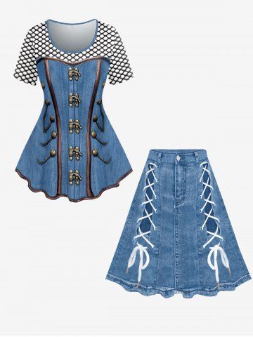 3D Checkered Jeans And Figure Print T-Shirt and 3D Jeans Lace Up Print Skirt Plus Size Outfit - BLUE