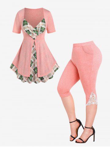 Sweetheart Neck Plaid Twofer Tee and Contrast Lace Panel Pocket Capri Leggings Plus Size Outfits