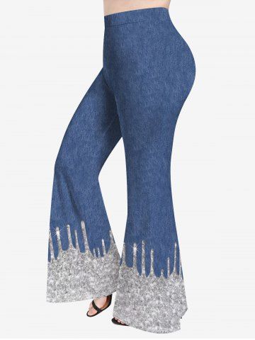 Plus Size 3D Jeans And Sparkling Sequin Glitter Print Flare Pants