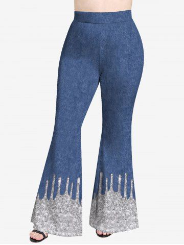 Plus Size 3D Jeans And Sparkling Sequin Glitter Print Flare Pants