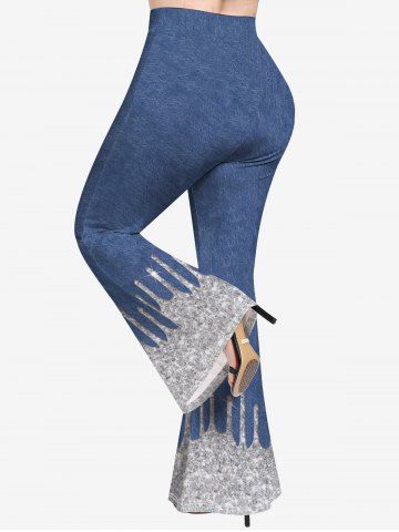 Plus Size 3D Jeans And Sparkling Sequin Glitter Print Flare Pants