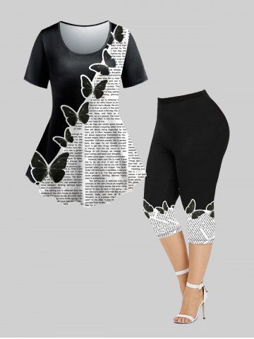 Newspaper Butterfly Printed Tee and Leggings Plus Size Graphic Summer Outfit