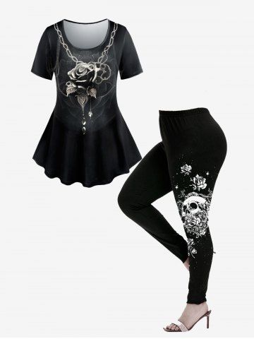 Gothic Chain Rose Print Short Sleeve T-shirt And Gothic Side Rose Skull Print Leggings Gothic Outfit - BLACK
