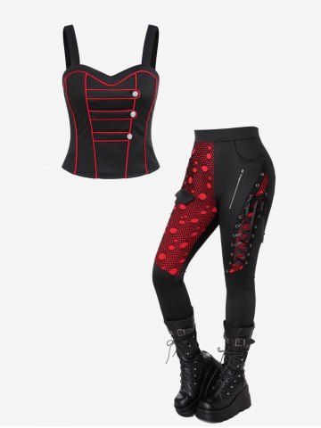 Gothic Contrast Piping Buttoned Tank Top And Gothic Colorblock Mesh Overlay Lace-up Zippered Skinny Pants Gothic Outfit
