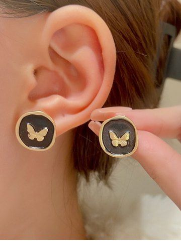 Vintage Butterfly Emboss Stud Earrings - BLACK