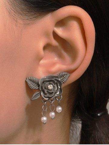 Vintage Distressed Faux Pearl Rose Design Stud Earrings