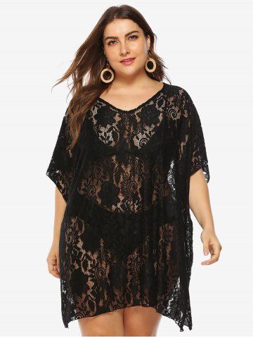 Plus Size Sheer Slit Lace Cover Up Dress