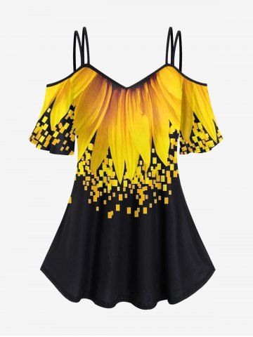 Plus Size 3D Leaves And Colorblocks Printed Strap Off Shoulder Tee - YELLOW - 4X | US 26-28