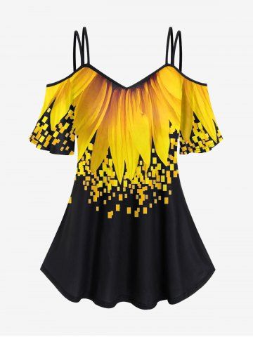 Plus Size 3D Leaves And Colorblocks Printed Strap Off Shoulder Tee - YELLOW - L | US 12