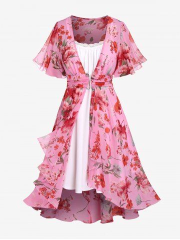 Plus Size Lace-trim Cami Dress and Floral Chiffon Draped Midi Butterfly Sleeve Dress - LIGHT PINK - 4X | US 26-28