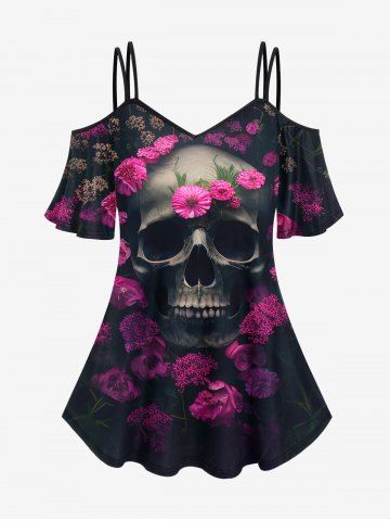 Gothic Skull Flower Print Cold Shoulder T-shirt - BLACK - L | US 12