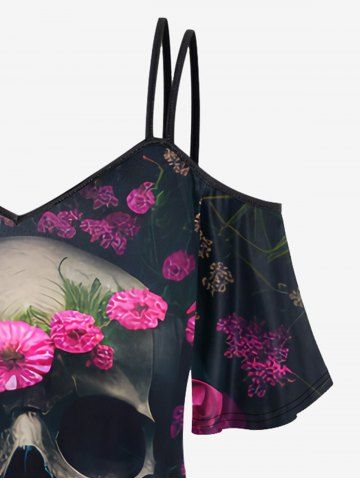 Gothic Skull Flower Print Cold Shoulder T-shirt