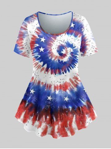 Plus Size American Flag Tie Dye Printed Patriotic Tee - MULTI-A - M | US 10