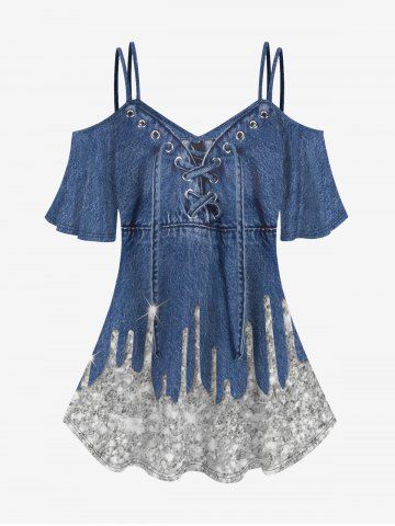 Plus Size Cold Shoulder 3D Lace Up Jeans And Glitter Print Tee - BLUE - S | US 8