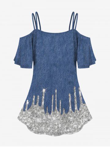 Plus Size Cold Shoulder 3D Lace Up Jeans And Glitter Print Tee