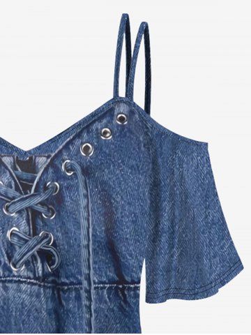 Plus Size Cold Shoulder 3D Lace Up Jeans And Glitter Print Tee