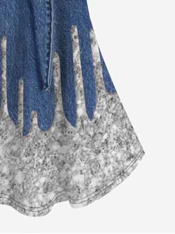 Plus Size Cold Shoulder 3D Lace Up Jeans And Glitter Print Tee