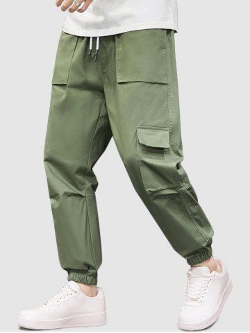 Multi-pockets Design Plain Color Beam Feet Cargo Pants - DEEP GREEN - XS