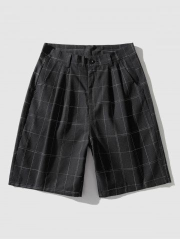 Grid Zipper Fly Pocket Knee Length Tailored Shorts - BLACK - XS