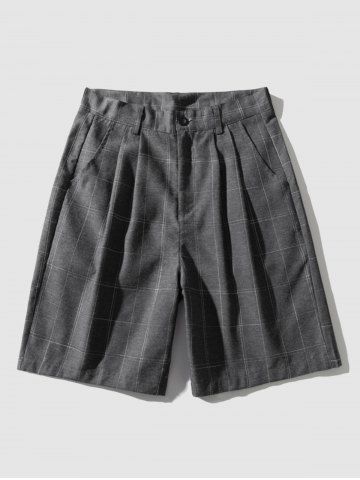 Grid Zipper Fly Pocket Knee Length Tailored Shorts - GRAY - XS