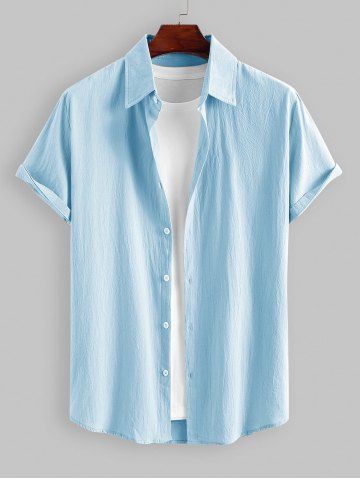 Men's Cotton And Linen Textured Asymmetric Hem Summer Comfortable Casual Short Sleeves Shirt - LIGHT BLUE - L