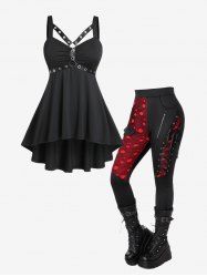 Gothic Harness High Low Tank Top and Mesh Overlay Lace-up Zippered Skinny Pants Outfit -  