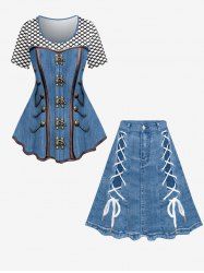 3D Checkered Jeans And Figure Print T-Shirt and 3D Jeans Lace Up Print Skirt Plus Size Outfit -  