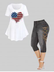 American Flag Leopard Heart Printed Patriotic Top and 3D Leopard Lace-up Jeans Printed Capri Jeggings Plus Size Outfits -  