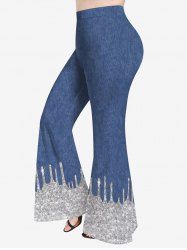 Plus Size 3D Jeans And Sparkling Sequin Glitter Print Flare Pants -  